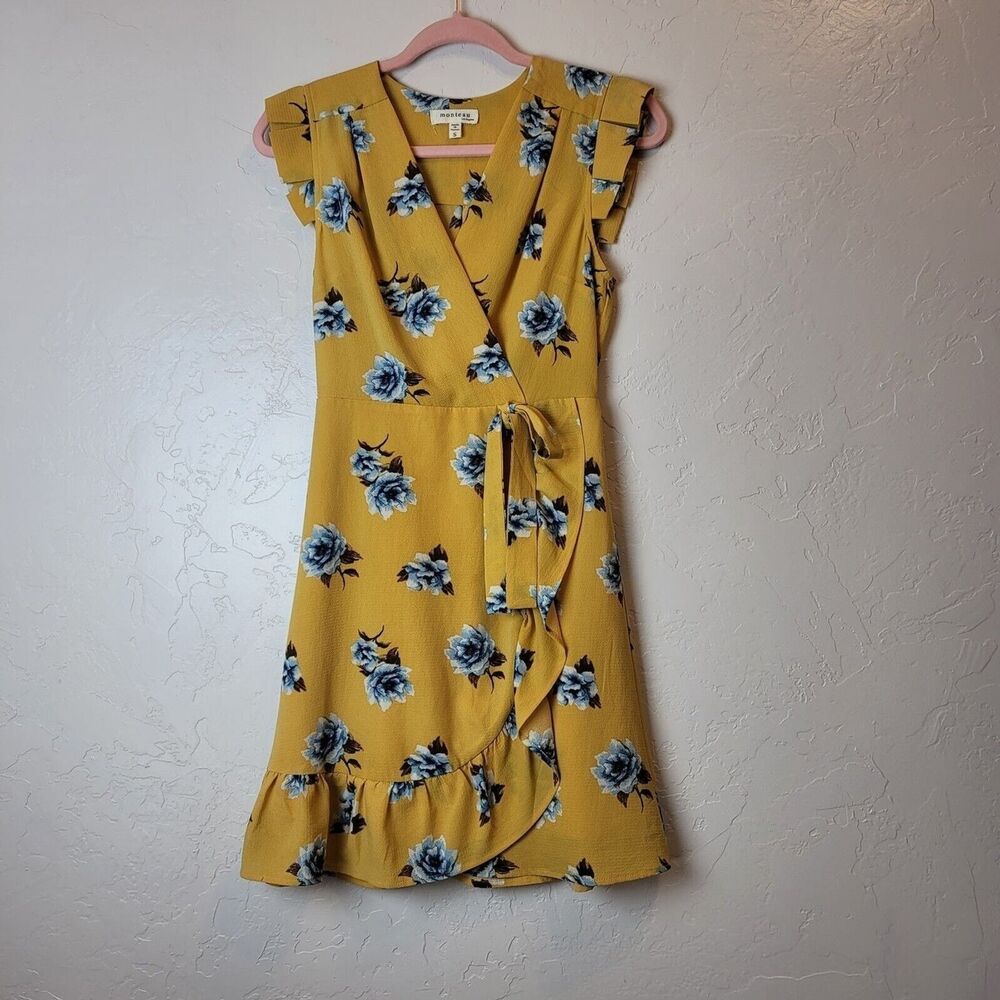Monteau Womens Sz S Surplice Wrap Front Floral Dress Yellow Flutter Sleeve Short